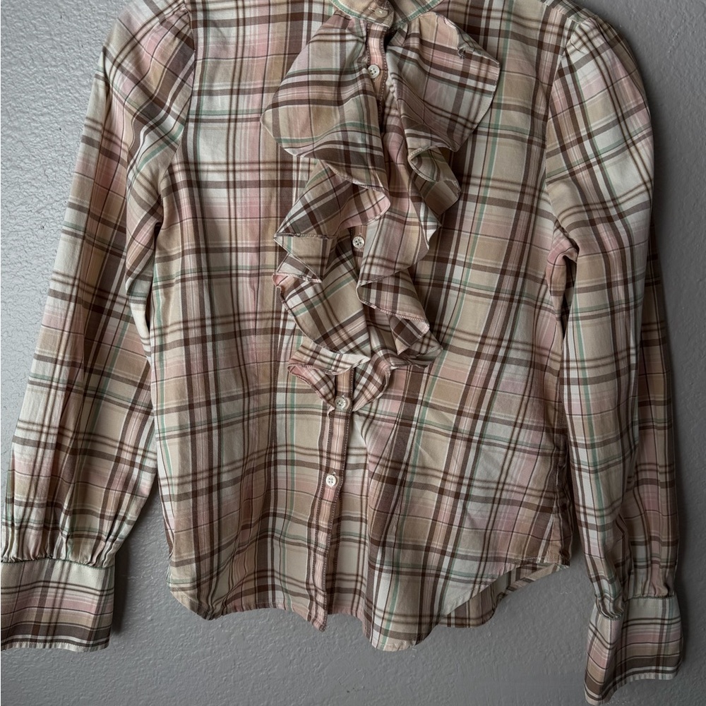 Ralph Lauren Plaid Ruffle Button-Front Blouse in Cream, Pink and Tan